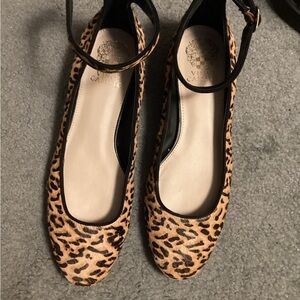Vince Camuto Leopard Print Ballet Flats with Ankle Strap - Tan/Black